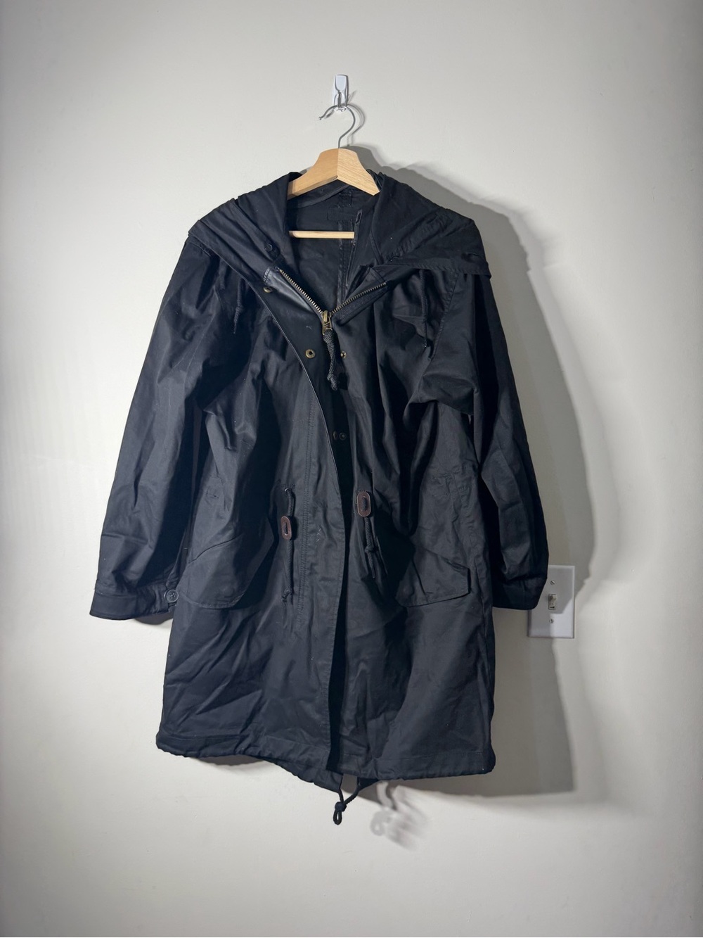Zara Basic Outerwear Department Black Anorak Utility Jacket Parka Hood Sz Large